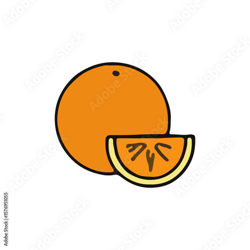 Simple illustration of an orange and a slice, showing a citrus fruit.
