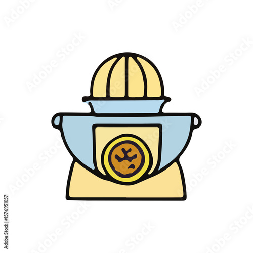 A hand-drawn illustration of a vintage citrus juicer, featuring a pale yellow and light blue design.