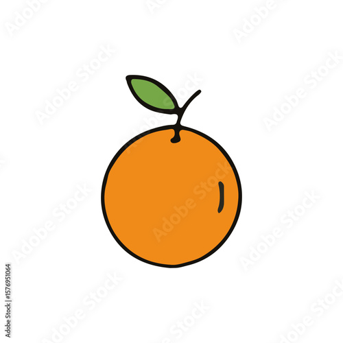 A simple illustration of a ripe orange fruit with a green leaf.