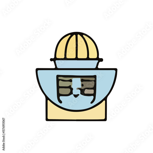 Cartoon illustration of a citrus juicer with a smiling face on a white background.