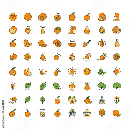 Collection of orange fruit icons, showing various stages of preparation and consumption.