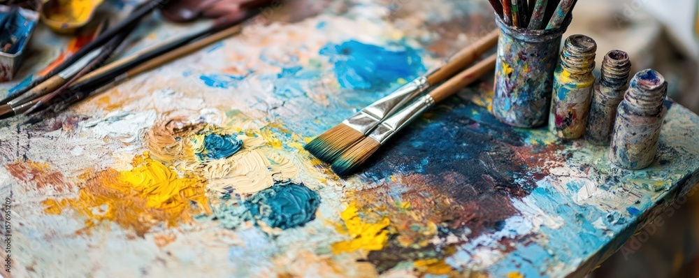 Fototapeta premium Artist's palette with paintbrushes, studio background