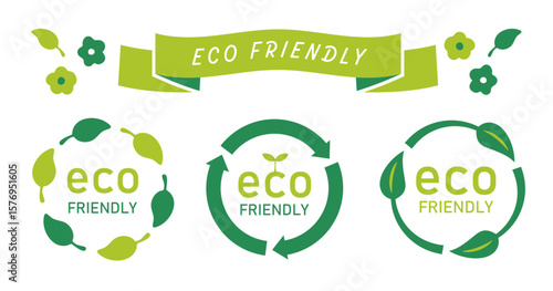 eco friendlyと書かれたサークル型のアイコンセット（エコ 環境 サステナブル 表示マーク ベクター）