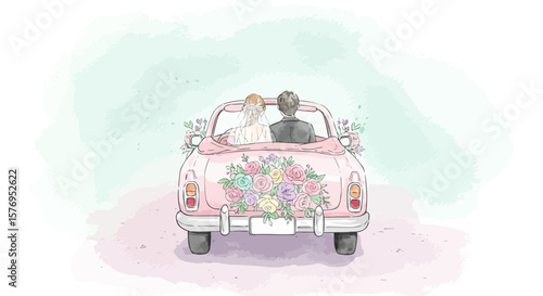 Wedding car bride groom flowers watercolor painting
