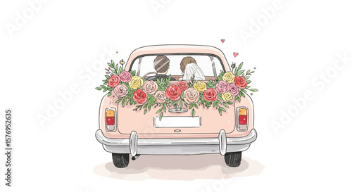 Wedding car flowers just married celebration love