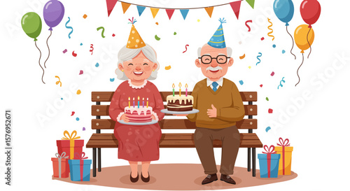 Celebrating birthday party with cake and balloons