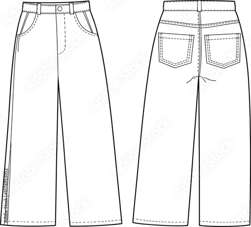 High waist wide leg denim pants fashion technical flat sketch front and back view for design template, clothing illustration vector