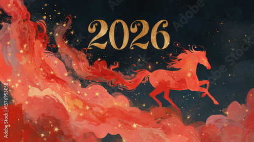 2026 Chinese New Year Red Fire Horse Running Through Golden Clouds Fantasy Zodiac Vector Art