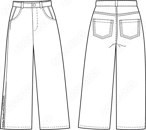 High waist wide leg denim jeans technical flat sketch front and back view for fashion design, vector template illustration