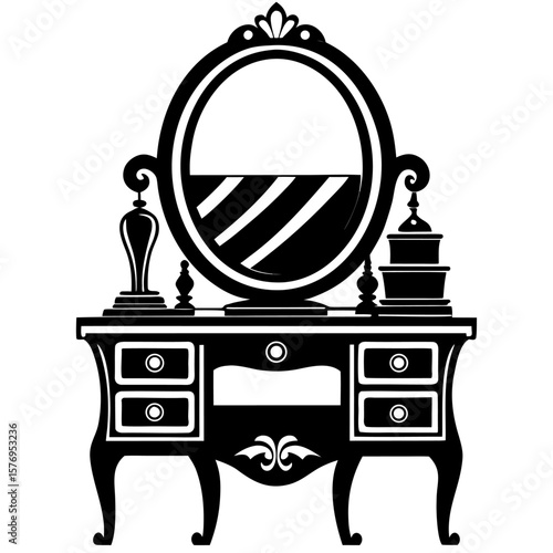 Vintage vanity set black and white vector icon on white background.