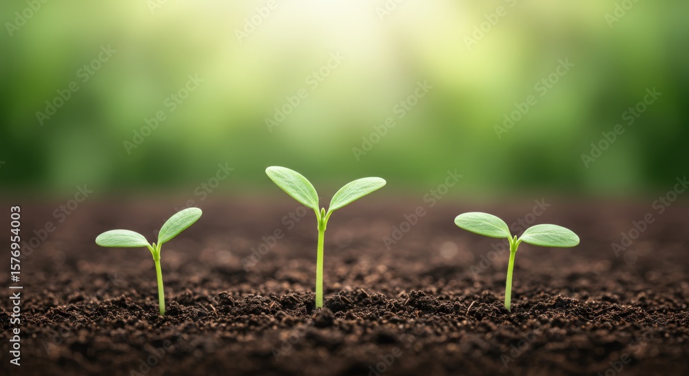 Fototapeta premium Three young sprouts emerge from the dark soil, reaching towards the gentle sunlight filtering through the green foliage above, symbolizing new life and growth