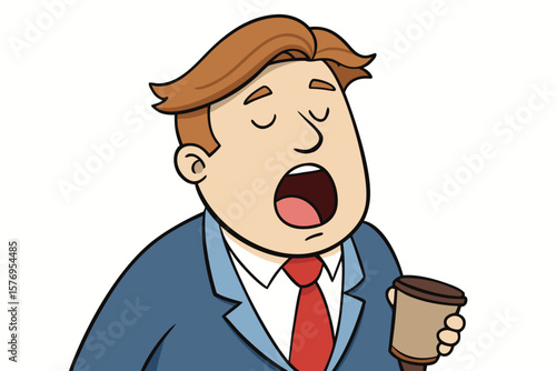 Sleepy Cartoon Businessman Yawning with Coffee Cup – Office Fatigue Concept Illustration