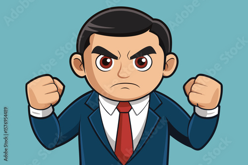 Cartoon Character Businessman Raising Clenched Fists in Anger – Blue Suit and Red Tie on Light Blue Background