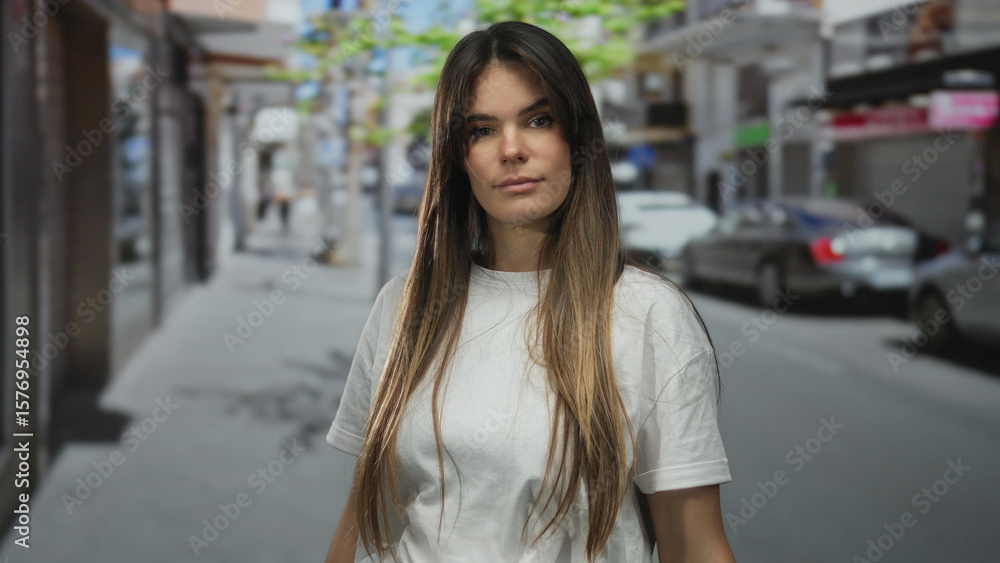 Fototapeta premium Young hispanic woman standing confidently on a bustling city street in an outdoor setting with a serene expression, surrounded by urban life and vibrant energy.