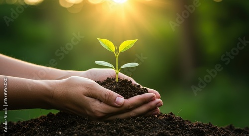 Caring hands gently hold a young green sprout with water droplets, symbolizing new life and growth in the warm sunlight