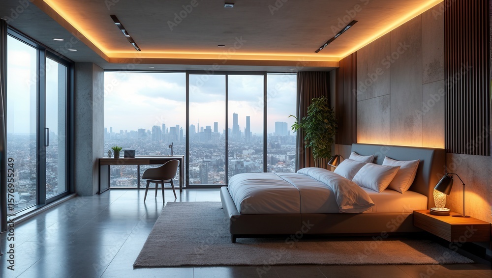 Fototapeta premium Sophisticated city bedroom with a panoramic urban skyline view and integrated workspace