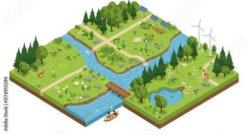 Isometric nature landscape with river, solar panels, and wind turbines