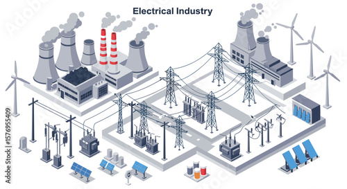 Isometric electrical industry concept with power plants and solar panels
