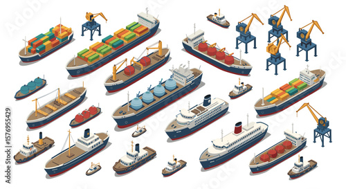 Isometric cargo and passenger ships with harbor cranes set