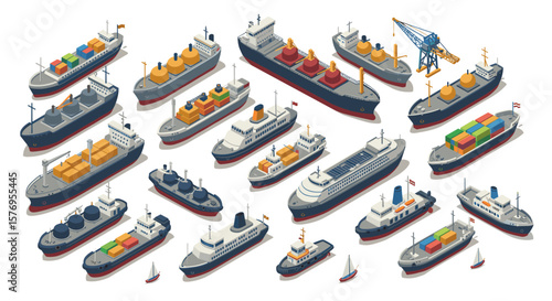Isometric collection of cargo and passenger ships with crane