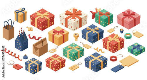 Colorful isometric gift boxes and shopping bags with festive decorations