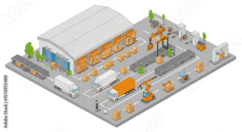 Isometric warehouse with automated robotics and logistics vehicles