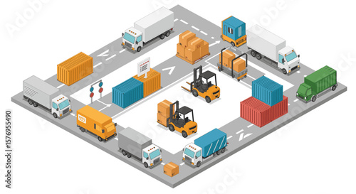 Isometric logistics hub with trucks and forklifts in motion