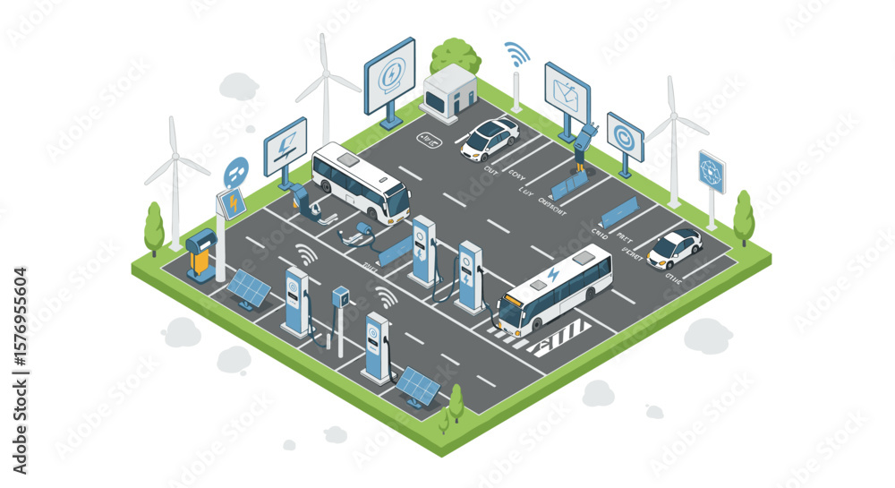 Fototapeta premium Electric bus charging station with renewable energy in isometric urban setting