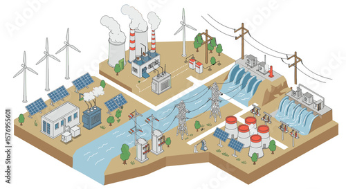 Renewable energy sources in isometric design highlighting sustainable power generation