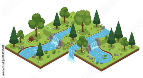 Isometric forest landscape with river and waterfalls