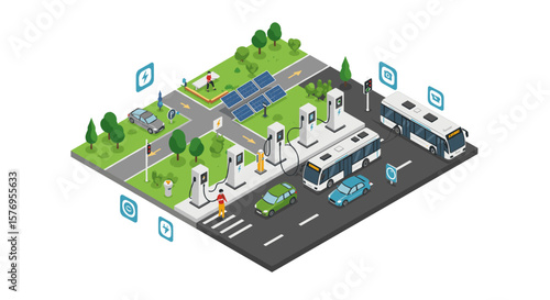 Isometric urban electric charging station with solar panels and public transport