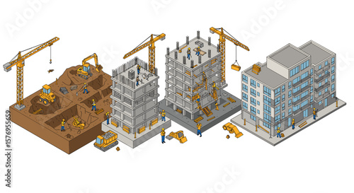 Isometric construction site stages: building process from groundwork to completion