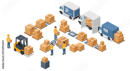 Warehouse logistics and delivery with workers organizing packed boxes and trucks