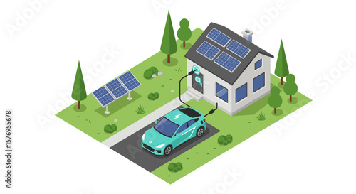 Sustainable energy home with electric car charging and solar panels in isometric style