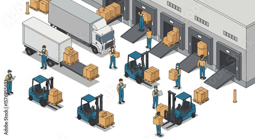 Isometric warehouse logistics with workers and forklifts for efficient goods handling