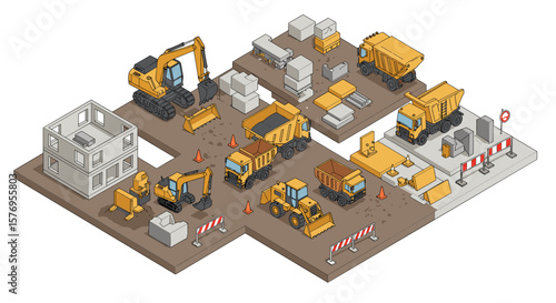 Isometric construction site with machinery and materials