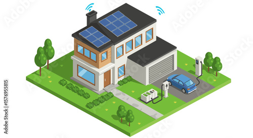 Isometric smart home with solar panels and electric car charging station