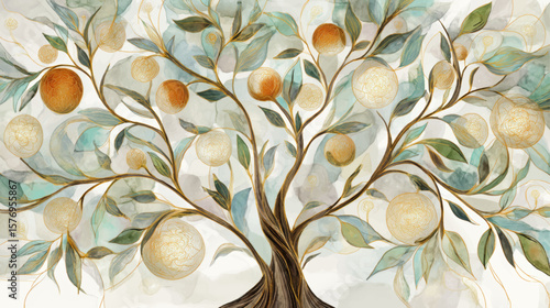 Stylized Tree of Life Representing Abundance and Enkutatash Blessings in Artistic Watercolor Vector Illustration