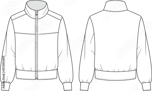 Men’s full zip track jacket technical fashion flat sketch front and back view, high collar, rib hem, elastic cuffs, outline