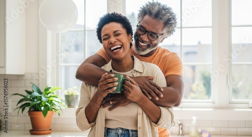 Happy mature african american couple embracing in kitchen with coffee: joyful moments, love, home, and relationship goals for black couples over 50, lifestyle photography