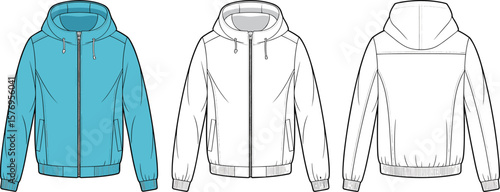 Men’s hooded jacket front, back and side technical flat sketch with zipper, drawstring hood, ribbed hem, activewear outerwear design