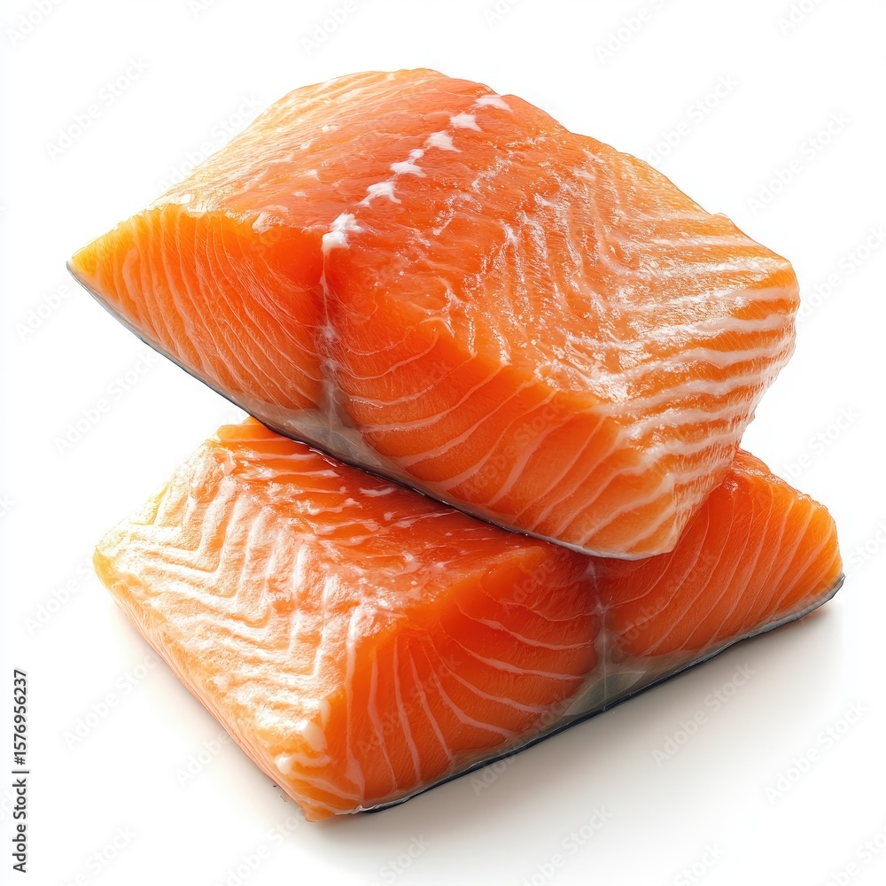 A photograph of two fresh salmon fillets, one placed on top of the other, against a white background. A photograph of two fresh salmon fillets, one placed on top of the other, against a white background.
