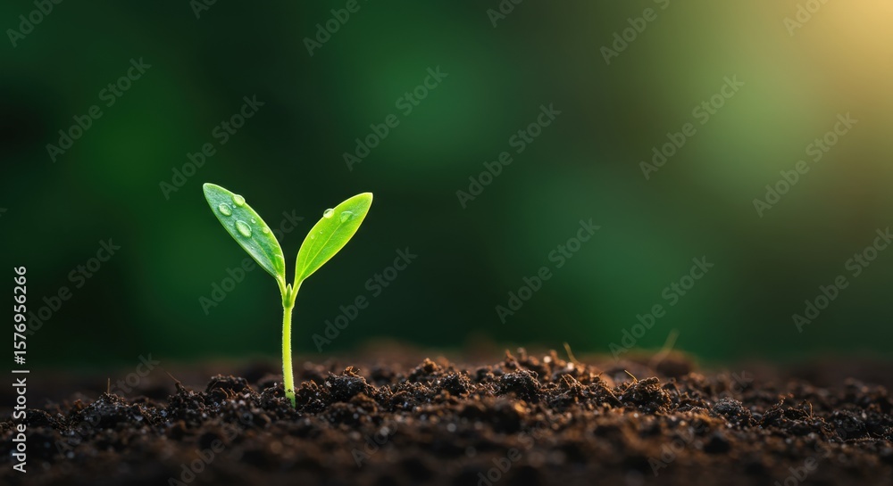 Fototapeta premium A delicate green sprout with water droplets glistens in the warm sunlight, emerging from the soil
