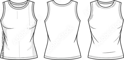 Men’s sleeveless tank top technical flat sketch front, back and side views, fashion design template, fitted athletic gymwear illustration