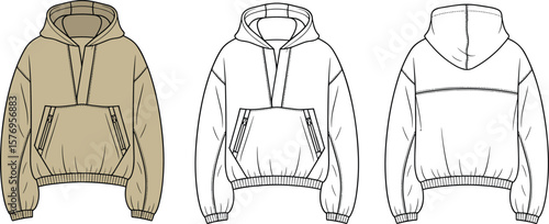 Oversized hoodie fashion flat sketch with front zip pocket, drawstring hood, ribbed hem and cuffs, front and back technical illustration