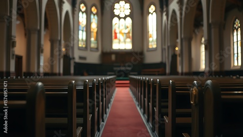 A serene church interior illuminated by stained glass, with empty wooden pews in focus.