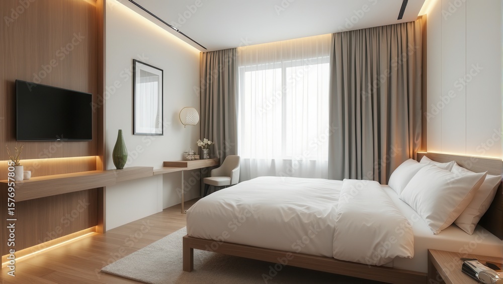 Fototapeta premium Modern bedroom with a sleek media console integrated desk and bright window