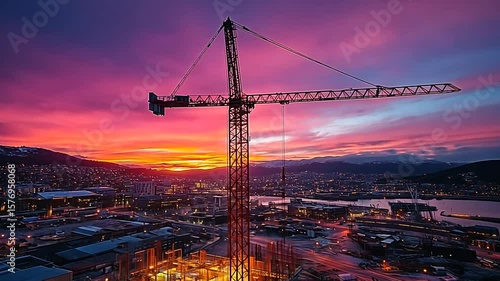 Stunning view of construction site with crane in urban landscape at dusk