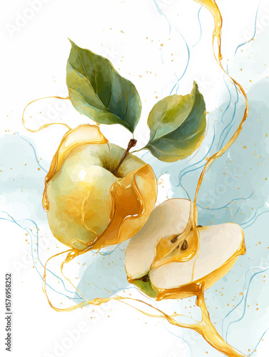 Watercolor Apple and Honey Splash Illustration for Rosh Hashanah Holiday Greeting and Presentation Background