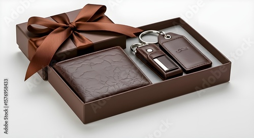 Men's leather gift set with wallet, keychain, and USB in a brown box.
